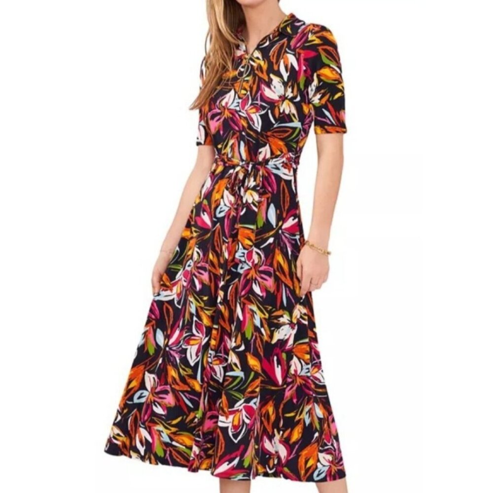 MSK Floral Midi Dress Womens S Collared Multicolor Front Zip Short Sleeve Jersey